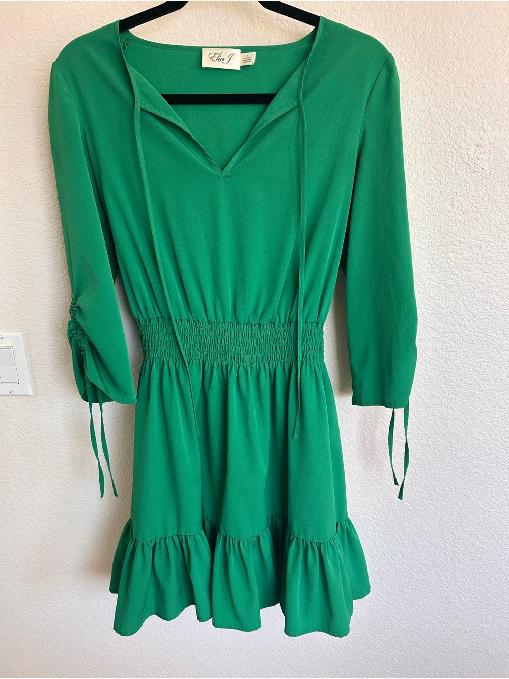 Eliza J Emerald Green Smocked-Waist Ruffle Mini Dress